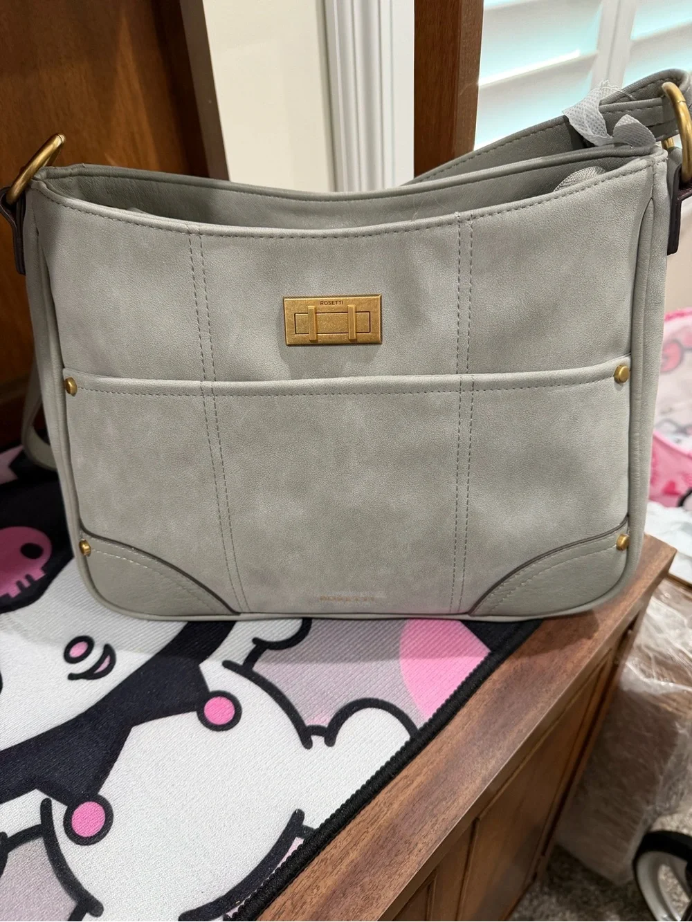 Rosetti Light Gray Crossbody Shoulder Bag with Gold Hardware